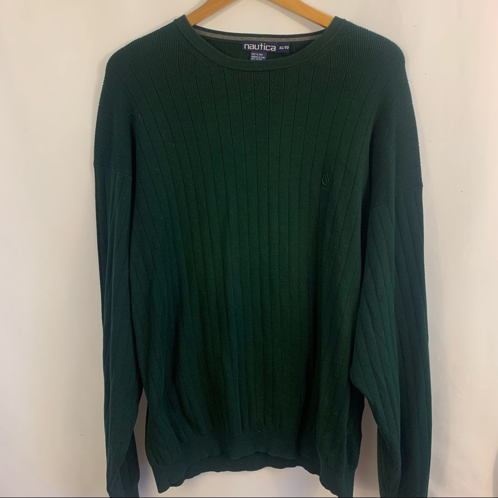 Vintage Nautica Sweater Men's Ribbed Knit Cotton Size XL Green Retro 90s Crew